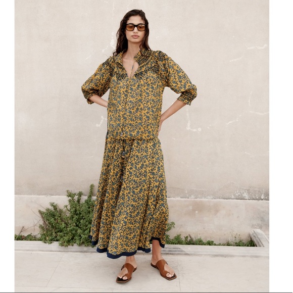 Zara yellow floral beaded tassel detail maxi skirt